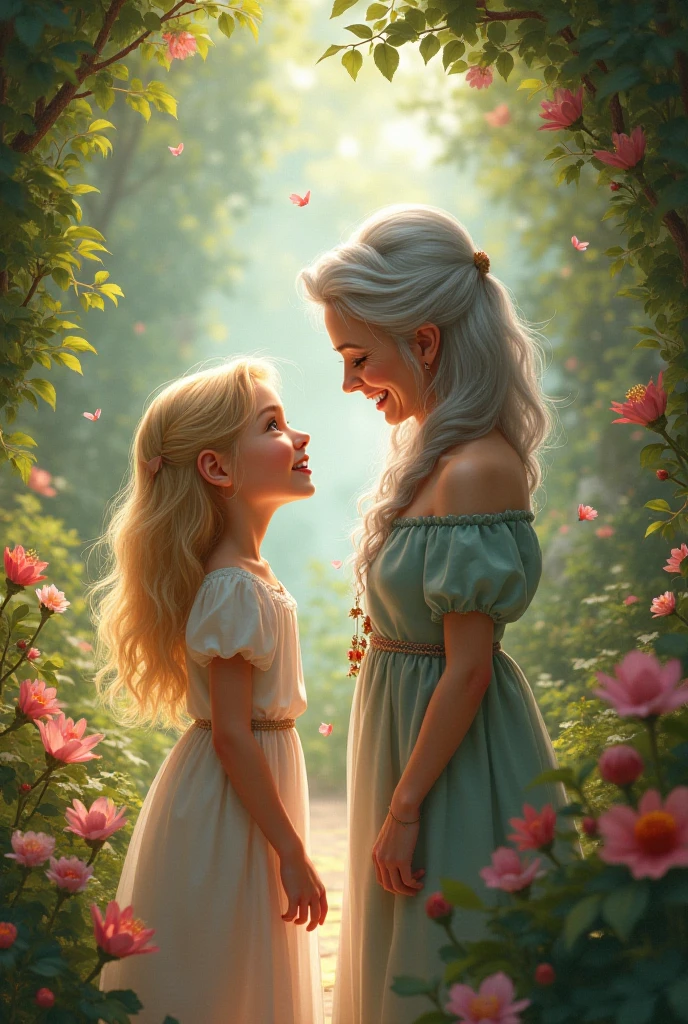mother and daughter,High resolution, best quality, very long hair, smile, Backlight, in satin blouse, go out to eat,pixar,Silver grey hair,