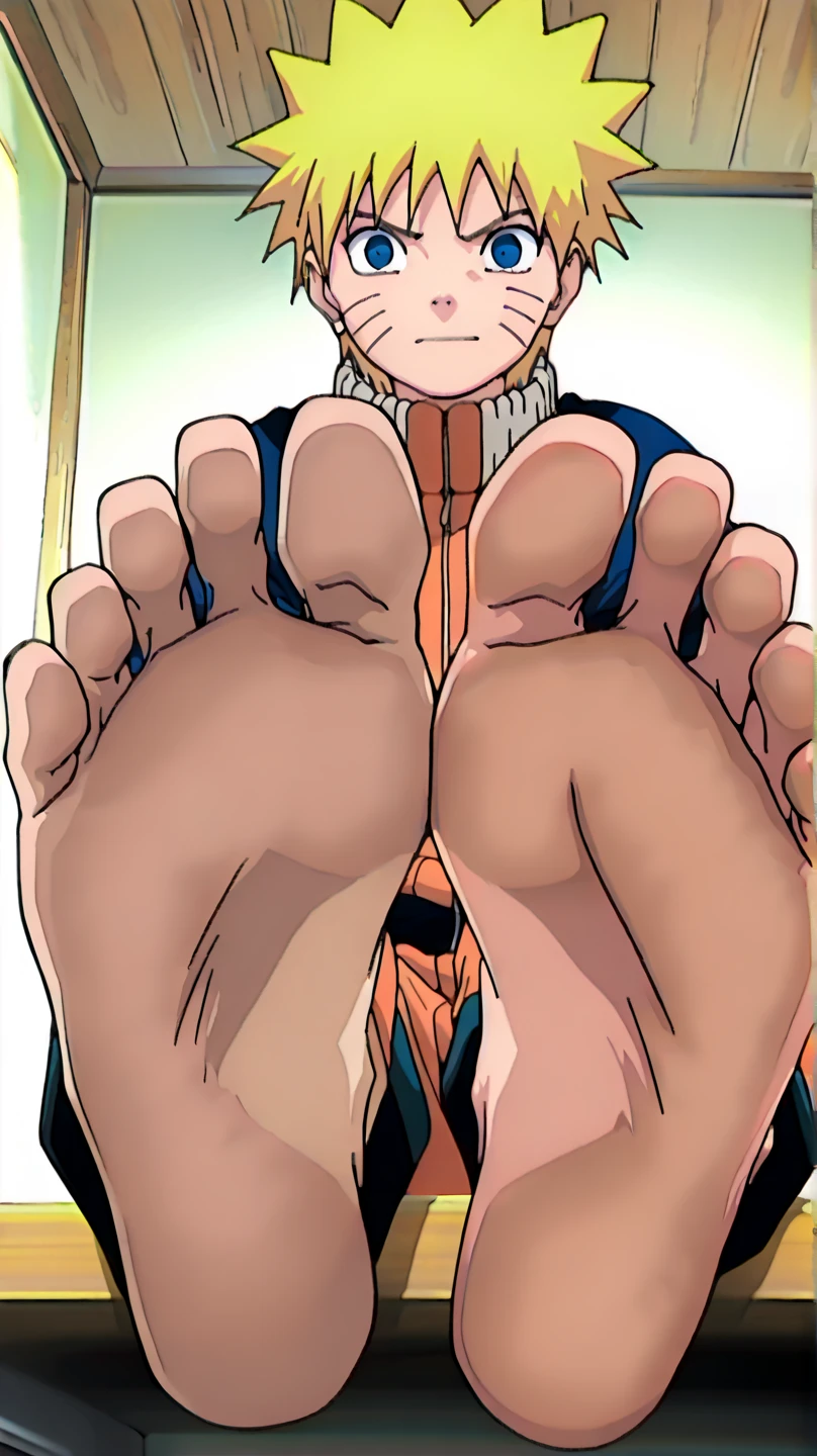 Anime boy Naruto very wet sweaty socks under chair showing his feet soles so very close to the camera