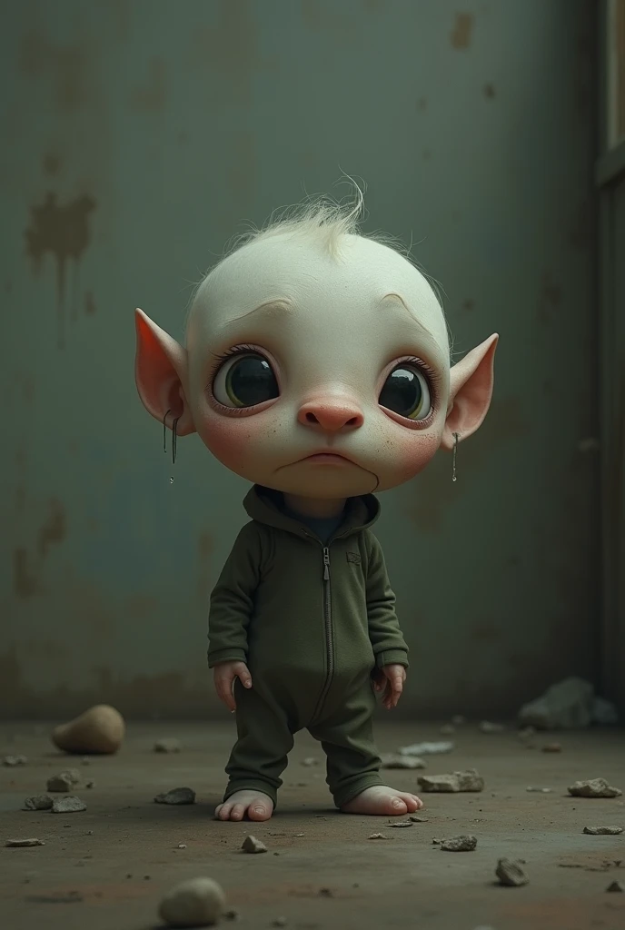 Create an image of Dobby, he is a small, thin creature with a fragile appearance and pale, almost translucent skin. The head is large in proportion to the body, with a slightly flattened skull and a prominent forehead. The eyes are large, round and light green, giving an expression that is both sad and alert. The ears are wide and thin, with tips hanging to the sides. The nose is long and thin, and the lips are narrow, with an expression of melancholy. The creature wears a simple but clean blouse and pants. The image should convey a sense of vulnerability and innocence. The background is simple, with an internal environment of neutral tones, highlighting the character even more. He is happy