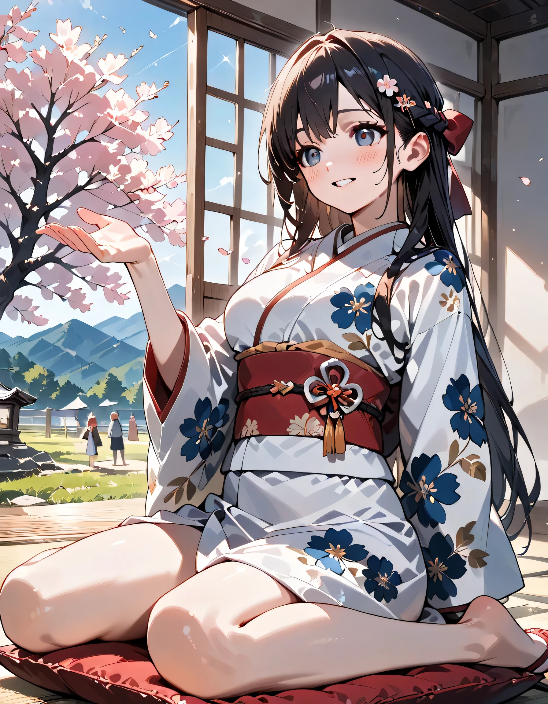 ((ultra-detailed)), (highly detailed CG illustration), (best quality:1.2), ultra-highly detailed, colorful composition, artistic photoshoot, 1girl, solo focus, ((upper body:1.4)), Japanese moe anime character, girl, dainty facial structure, (bab(round face), ((rounded chin:1.2)), ((ideal ratio body proportions)), celia-default, celia claire, (blue eyes), sparkle eyes, black hair color, long hair, half updo, ((smile)), ((blush:1.4)), ((pink ankle-length long furisode costume with gorgeous floral pattern:1.4)), ((red obi with golden decorations)), ((red Japanese ornate hairpin with golden decoration)), ample breasts, ((wariza)), ((seiza)), ((Sitting with a cushion on top of the tatami)), ((Japanese-style room with a view of the garden)), beautiful detailed sky, cherry blossom petals, cherry trees, row of cherry trees, breeze, petals dancing, low angle, expecting, pink cheek, blush, light pink gloss slip, portrait, depth of field, soft lighting, sidelighting, (shine), lighting, caustics, ray tracing, smile, perfect face, lustrous skin, highly detailed face, highly detailed eyes, perfect face, perfect nose, perfect hair, perfect eyes, perfect anatomy, beautiful hair, beautiful small face, extremely detailed face, beautiful detailed eyes, beautiful clavicle, beautiful body, beautiful fingers, 4 fingers, 1 thumb, lovely, (very detailed background:1.0), (highly detailed background:1.0), spring aesthetic, intricate details, solemn serene and respectful atmosphere, spring colors palette, chromatic aberration