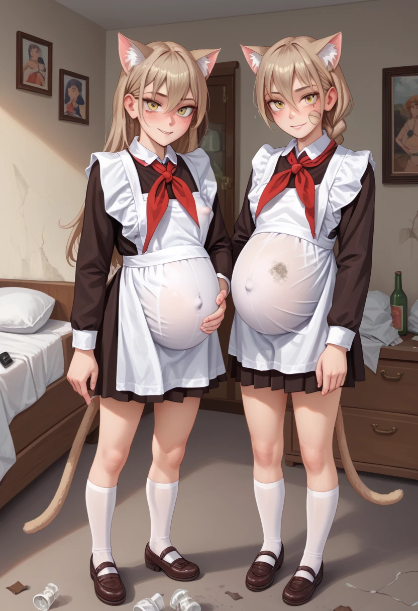 Hiro Default,shinosawa hiro,thin,Orange eyes,White eyelashes,blonde,Long Hair,Hair Clip Flat Chest:1.5、blush、whole body、Pregnant women:1.5、Huge pregnant woman's belly:3.5、White knee-high socks、
White Cat Lingerie, choker, Neck bell、白いcat paw gloves、White cat ears、From the side:1.2