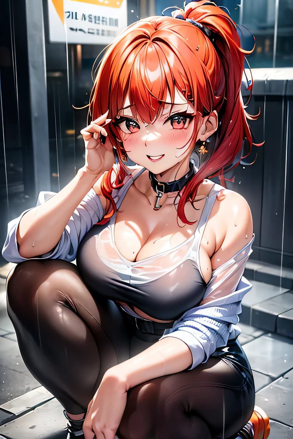 (3D Real Photo:1.3),Solo Girl,Back alley in heavy rain, Bad Girl Getting Drenched,earrings, Punk Rock Fashion, Punk Rock Shirt with Chain , Punk Rock Pants with Chains ,choker,(the whole body is soaked,Rain dripping from my face,wet face, Get Your Hair Wet ,Hydrated and Radiant Skin,Soaked costume,),( Shiny Silver and Orange Hair,short ponytail),( Princess Face Composition , Big Eye,Pointed lips,red lipstick, cute round face,A smile that makes people happy,照れくさそうにblush,blush,),(Bold poses,(8K quality,masterpiece,Best Quality, super high resolution output image,), delicate details,(Highly detailed RAW photos:1.3),( IMAGE MODE Ultra HD ),is crouching