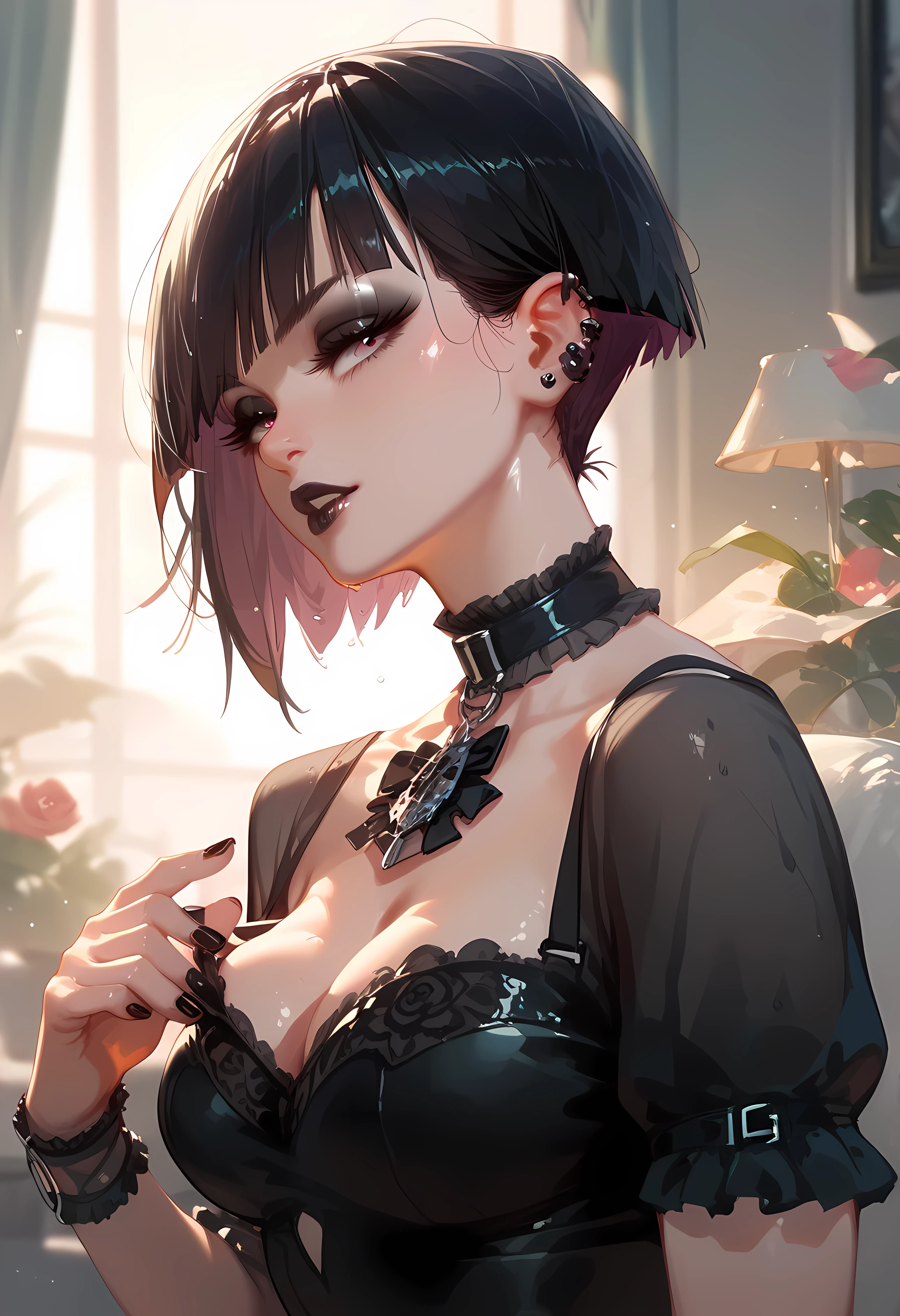 (best quality, ultra-detailed, photorealistic: 1.39), bright and vibrant colors, studio lighting, romantic expression, An effeminate girl, with a delicate and beautiful face. She is a girl who reflects seductive beauty, sparkling eyes, dark gothic makeup, dark gothic punk style, gothic healed woman, A Beautiful and adult tattooed woman and voluminous dark gothic green hair, hair, crying a seductive 2 woman with big breasts seduces, matches the gothic makeup, pleasurable sadistic expression, with her large breasts seduces, gothic style dark gothic transparent long-sleeved white blouse, black bra, black leggings skirt with chain details, dark gothic style, blurred dark gothic makeup, chained, with her blue eyes that matches her soft smile, black gothic style, in a beautiful pose demonstrating her seduction  by the pool, posing, holding a black heart, night with soft lighting, anime style, like a manwha character 