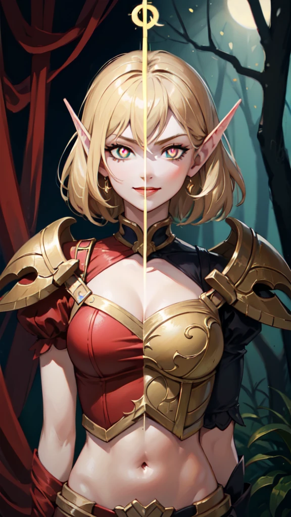 (1girl, blue hair, short hair, spiral eyes, angry, clenched teeth) (digital) (looking at viewer) (upper body) (standing), (Dark Purple Sparkling Forest background), (short skirt)) , best quality, pointy ears, colored skin, blue skin, glowing, cleavage, armor, navel, Abdomen, voidelf, SplitScreen, split screen, (1girl, long hair, spiral eyes, angry ,clenched teeth) (digital) (Upper Body) (Looking at viewer) (standing), (Light Orange Sparkling Forest background), (short skirt)) , best quality, blonde hair, green eyes, glowing, armor, Abdomen, navel, bloodelf,