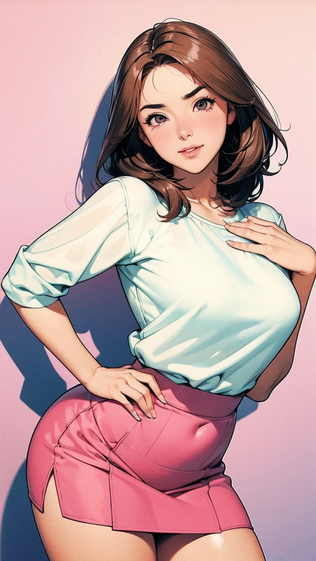 a girl in a pink sweater, beautiful, brown hair, cute freckles, beautiful seductive smile, white eyes, beautiful and smiling