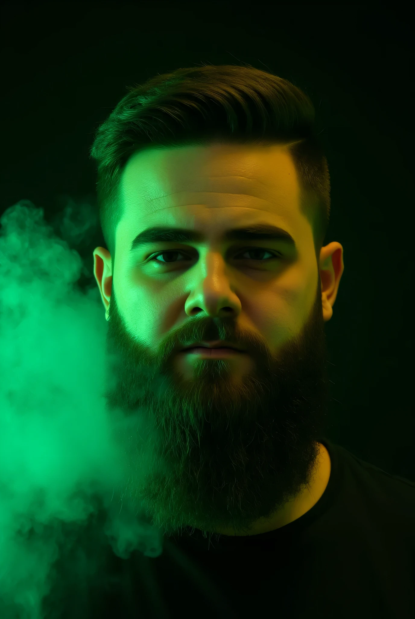 A highly detailed,realistic photograph of a 30–35-year-old man with short,dark brown hair and a well-groomed beard,standing in a studio with a solid dark background. The lighting is dramatic,with vibrant neon Green and yellowmuse illuminating his face and creating a moody atmosphere. Wisps of white smoke swirl around him,adding a mysterious,edgy feel. His expression is serious and focused,with sharp facial features and fair skin. The mood is futuristic and artistic,with high contrast and intricate details,