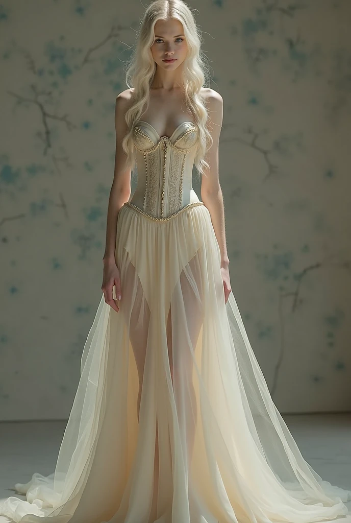 A long shot of a blond woman, with an onion-like face with white skin and light blushes, long ondulating hair in a sophisticated structured asymmetrical updo with long black feathers, fit, (busty, big tits, DD cup breast:1.4) with tiny waist, bare naked wrapped in a glossy Translucent see through plastic sheet with ruffles, long legs open, twisting her back over, high heels, Victorian era, Victorian style photography, anthotype print