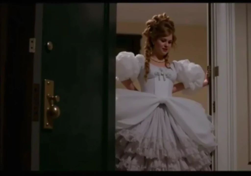ten girl wearing a blue strapless latex ((big wedding dress)), kneeling down in a ((small closet)))