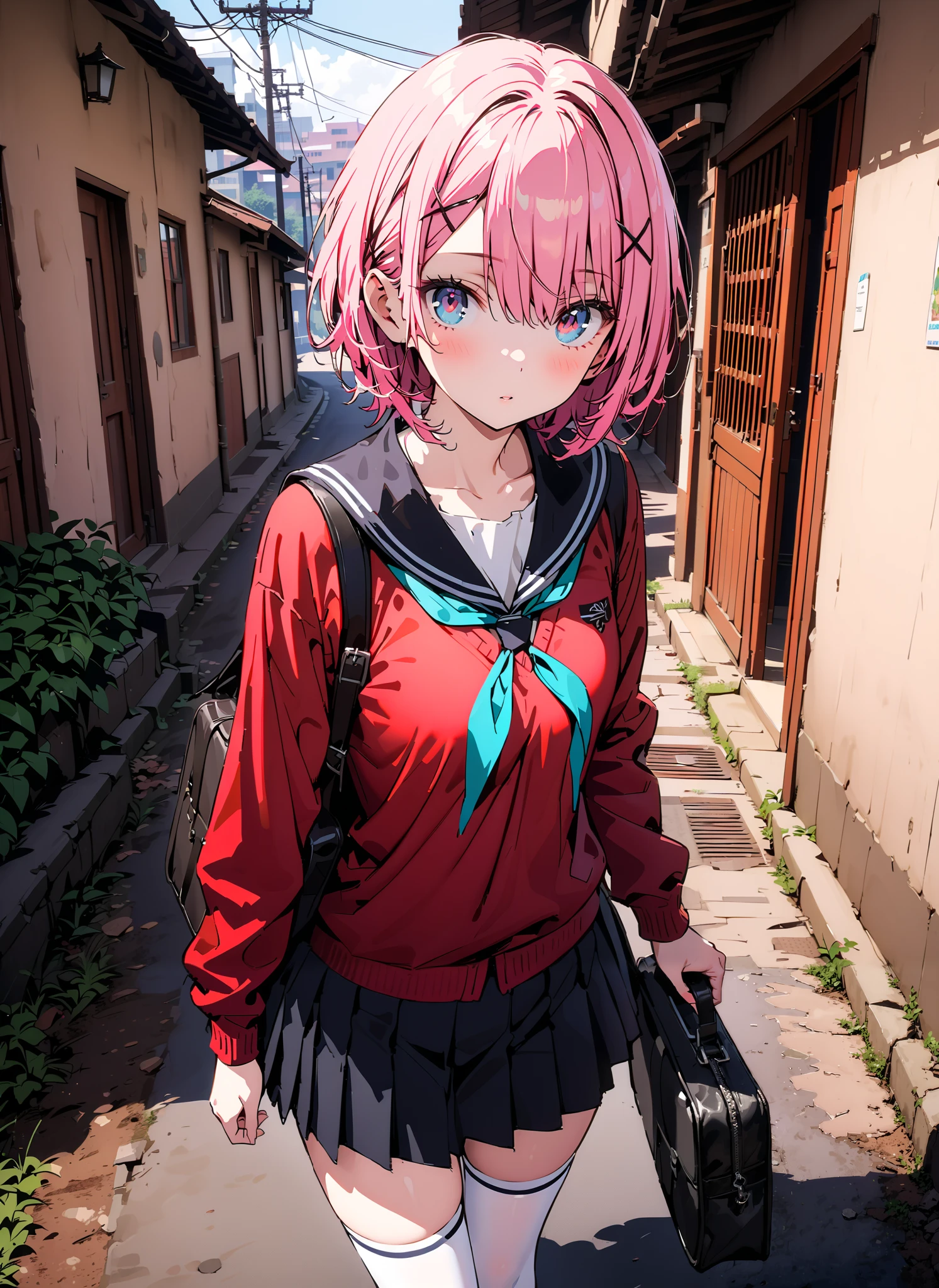 Ram, hair flower, hair ornaments close to the garden, hair that hangs over one eye, pink hair, red eyes, short hair, x hair ornaments close to the garden,Black sailor suit, red cardigan , Long Sleeve, black mini pleated skirt ,white thigh high socks,loafers,School bag,Walking,morning,Beautiful cityscape,full bodyがイラストに入るように,break outdoors, residential area,
break looking at viewer,full body,
break (masterpiece:1.2),Best Quality , kampala, Unity 8K Wallpaper ,(shape:0.8),( fine, beautiful eyes :1.6),It's a person ,full body写真,CG Details , (perfect hands, complete anatomy),,