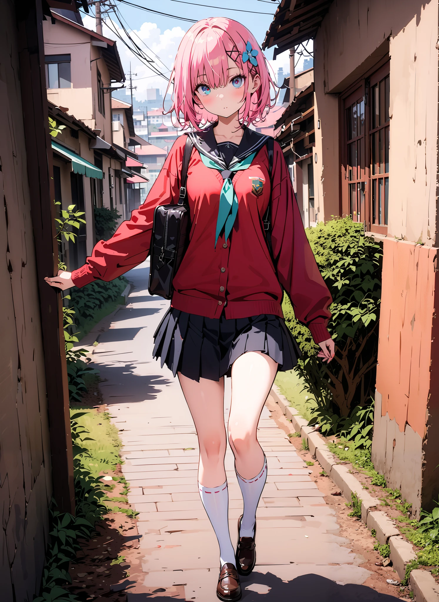 Ram, hair flower, hair ornaments close to the garden, hair that hangs over one eye, pink hair, red eyes, short hair, x hair ornaments close to the garden,Black sailor suit, red cardigan , Long Sleeve, black mini pleated skirt ,white thigh high socks,loafers,School bag,Walking,morning,Beautiful cityscape,full bodyがイラストに入るように,break outdoors, residential area,
break looking at viewer,full body,
break (masterpiece:1.2),Best Quality , kampala, Unity 8K Wallpaper ,(shape:0.8),( fine, beautiful eyes :1.6),It's a person ,full body写真,CG Details , (perfect hands, complete anatomy),,
