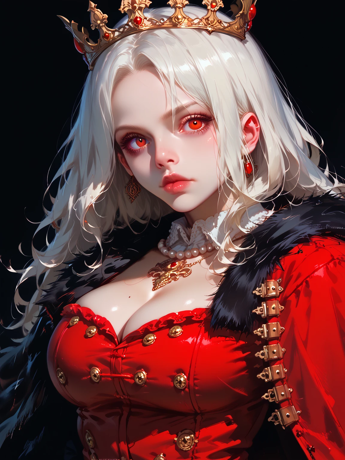 (masterpiece:1.4),(Very detailed), (alto CG:1.4), high quality, ultra detailed, ultra realistic, hyper beautiful and delicate, (1 girl:1.4), (ultra detailed eye:1.4) , (male body:1.3), darkness,(illustration:1.4),(overexposure:1.3),(Photography:1.3),(macro lens:1.1).,kurenaiz1, Best Quality, (((clearly drawn face))),(detailed body),(((perfect anatomy))),(detailed eyes),(detailed fur),(bright_fur),(bright_hair), (Octane rendering), 16k, (ultra high resolution) , (ultra realistic) ,(serious eyes), perfect face, mysterious, attraction, Signora is a tall woman with pale fur, platinum-blonde hair, and light grey eyes. Some of her hair is tied into two rose-shaped buns at the back of her head. ((((He wears a black earring in his left ear and a black mask covering his right eye..)))), ((abrigo con ribetes de fur)), (red cape), ribete de fur, big breasts, ((black gloves)) , blurred background, fantasy palace interior background, walls, Windows, light coming through the balcony window, beautiful interior, furniture, oak floor, marble walls, (((one hand on her hip, the other limps at his side))).