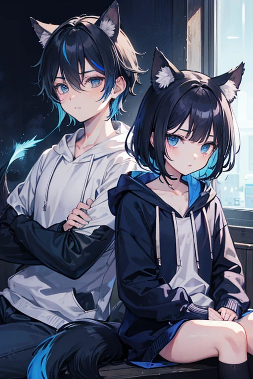 Female and male pair, Watercolor,
(1. Female,
Straight Hair,Long Hair,
black color hair, Black cat ears,
Light blue eyes,Soft look,Drooping eyes,
White oversized パーカー,
skin,)
(1. male,
bangs,Straight Hair,short Hair,
black color hair,
Light blue eyes,Soft look,Drooping eyes,
blue oversized hoodie,
skin,)
They both smoke cigarettes,White background