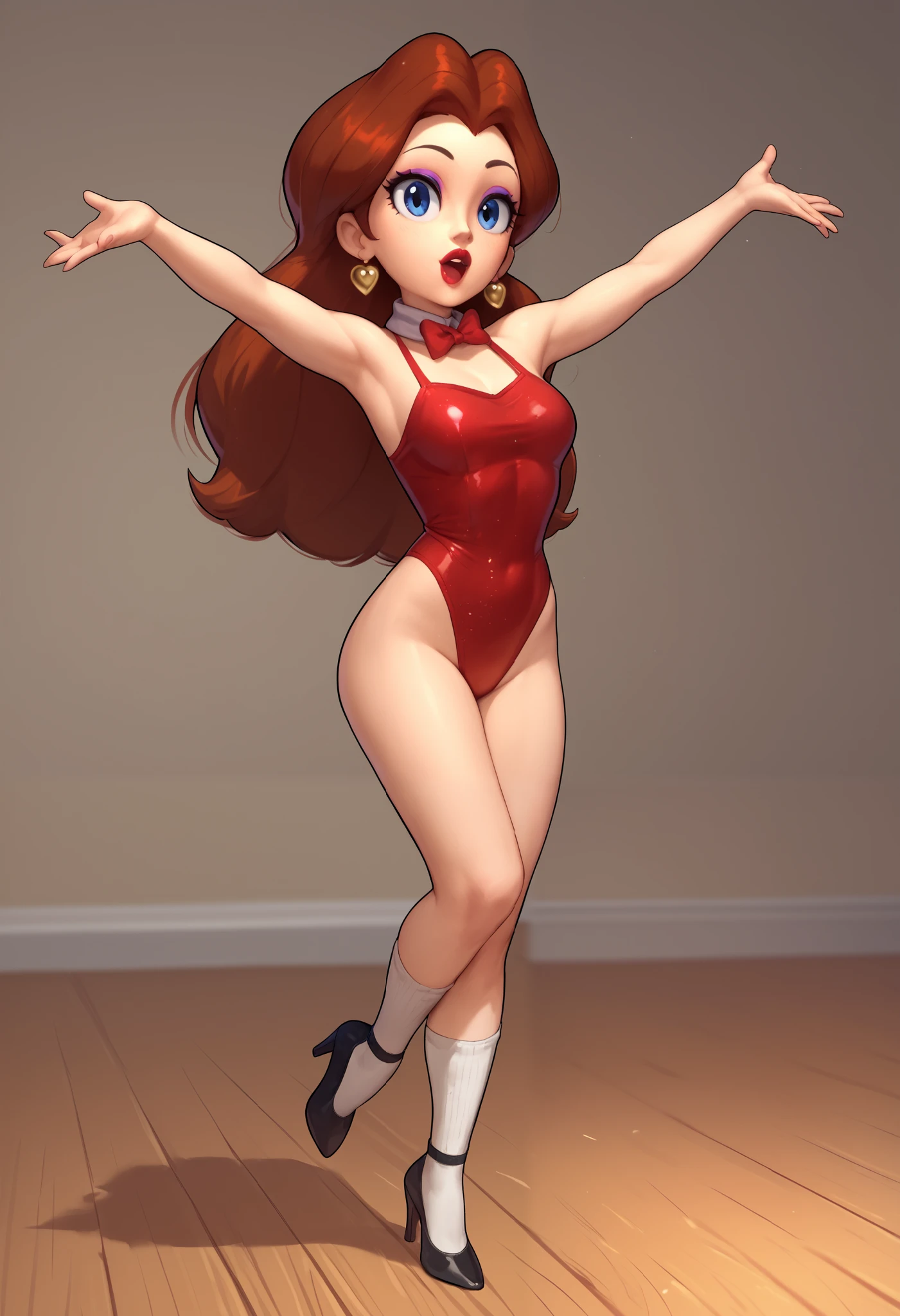 Cute Pauline wearing a sparkling shiny red leotard, black Mary Jane strap tap heels with small white socks,, performing on stage with wood board, black mix with brown hair, eyes are centered,, while tap dancing cute, red bow with a white collar on her neck, makeup,