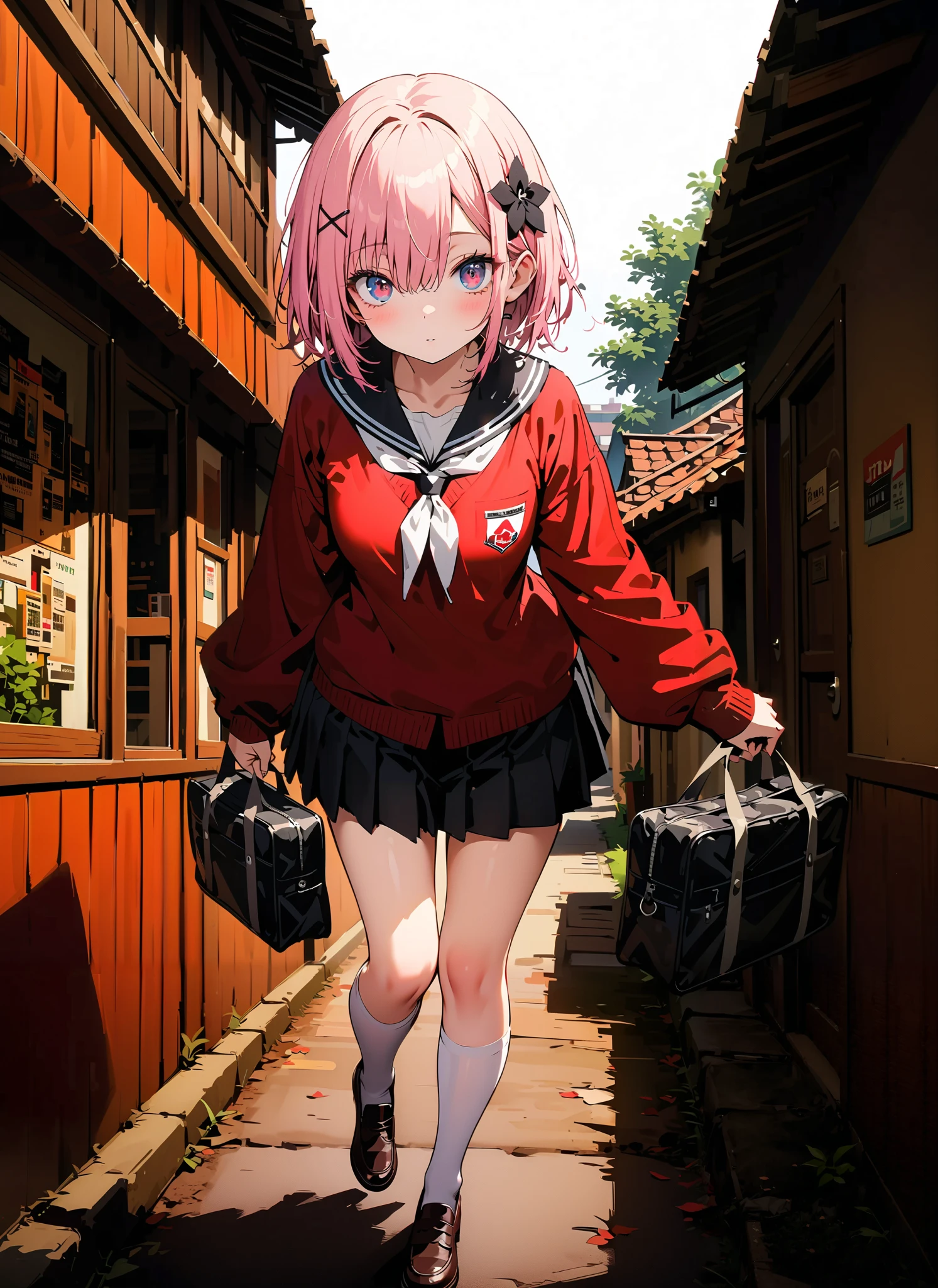 Ram, hair flower, hair ornaments close to the garden, hair that hangs over one eye, pink hair, red eyes, short hair, x hair ornaments close to the garden,Black sailor suit, red cardigan , Long Sleeve, black mini pleated skirt ,white thigh high socks,loafers,School bag,Walking,morning,Beautiful cityscape,full bodyがイラストに入るように,break outdoors, residential area,
break looking at viewer,full body,
break (masterpiece:1.2),Best Quality , kampala, Unity 8K Wallpaper ,(shape:0.8),( fine, beautiful eyes :1.6),It's a person ,full body写真,CG Details , (perfect hands, complete anatomy),,