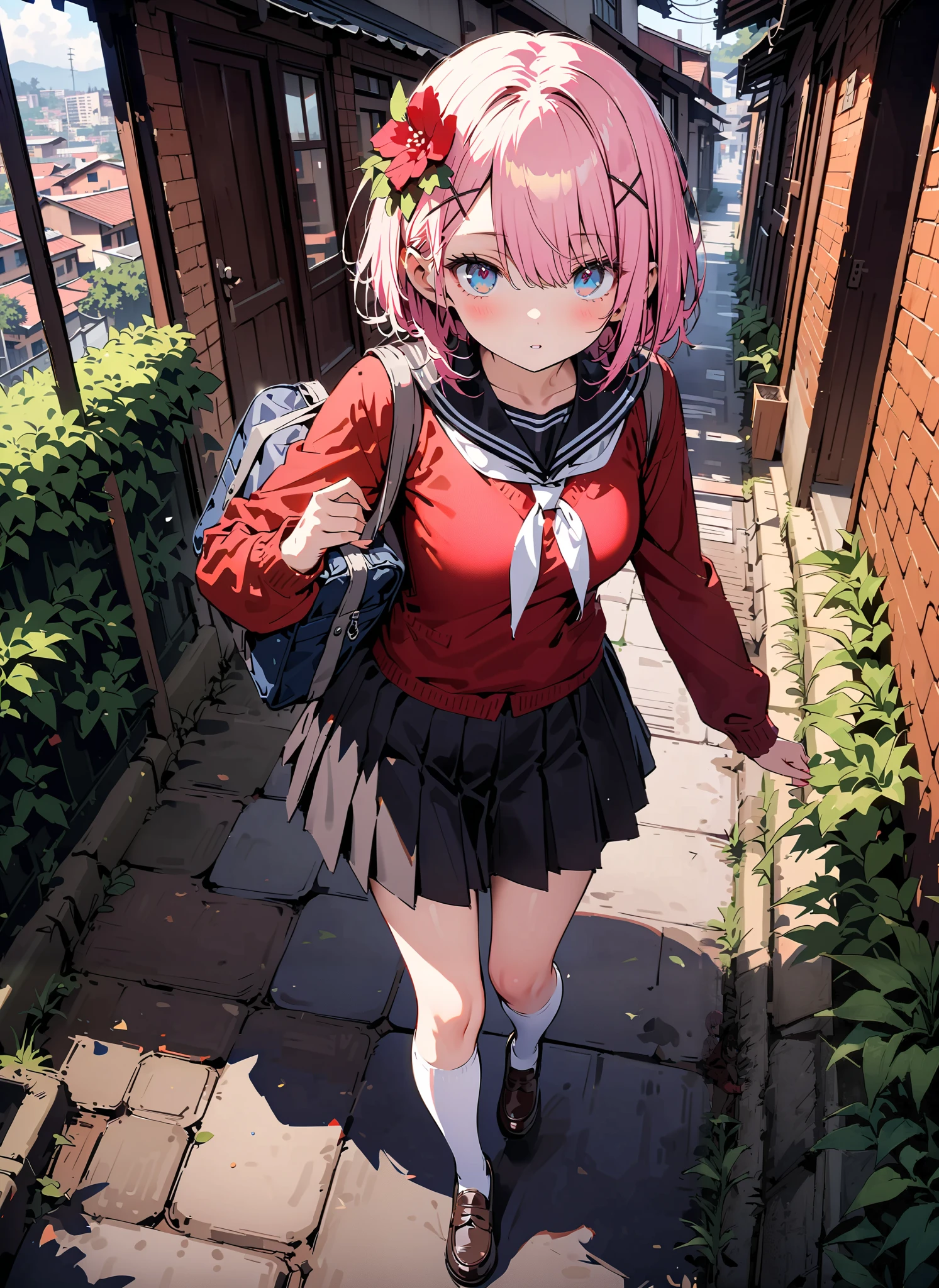 Ram, hair flower, hair ornaments close to the garden, hair that hangs over one eye, pink hair, red eyes, short hair, x hair ornaments close to the garden,Black sailor suit, red cardigan , Long Sleeve, black mini pleated skirt ,white thigh high socks,loafers,School bag,Walking,morning,Beautiful cityscape,full bodyがイラストに入るように,break outdoors, residential area,
break looking at viewer,full body,
break (masterpiece:1.2),Best Quality , kampala, Unity 8K Wallpaper ,(shape:0.8),( fine, beautiful eyes :1.6),It's a person ,full body写真,CG Details , (perfect hands, complete anatomy),,