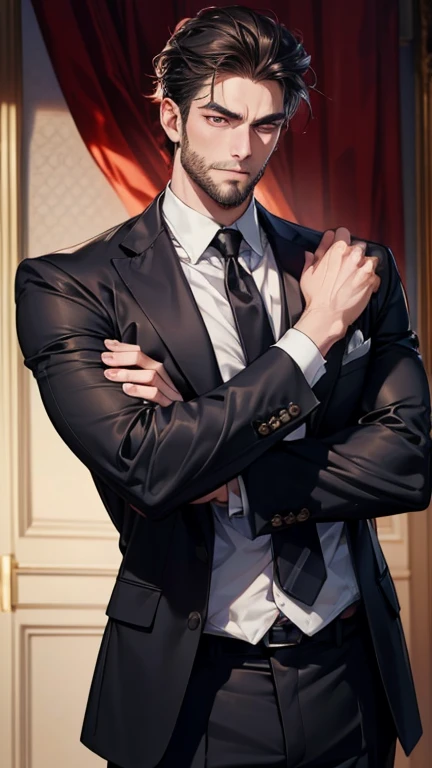 ( Idiot ,4K,8k, highres, masterpiece:1.2), ,(Realistic,photoRealistic,photo-Realistic:1.37),36-year-old man,3 day beard,cute anime ,Portraits,strong,masculine, dark hair,sharp jaw, mesmerizing eyes , perfectly combed hair, cool anime outfit, confident expression , vibrant colors, dynamic lighting, expression of love . wearing a suit made by a sophisticated tailor. CEO in his office.