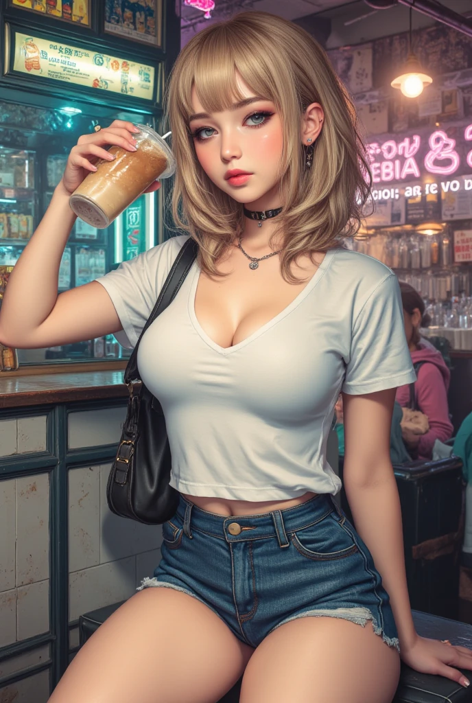 best quality, ultra-detailed, masterpiece, fine details, high resolution, 8k wallpaper, best quality, high resolution, big breasts,
beautiful girl, woman, solo, (perky breasts: 1.0), (cowboy shot: 1.2),
5 fingers, detailed hand, solo, long blonde hair, blue eyes, wearing white shirt, micro shorts, sneakers
realistic, (cute), (detailed face), detailed eyes, detailed iris, detailed skin, masterpiece, professional photoshoot, perfect face, sitting with friends having a milkshake at a corner table