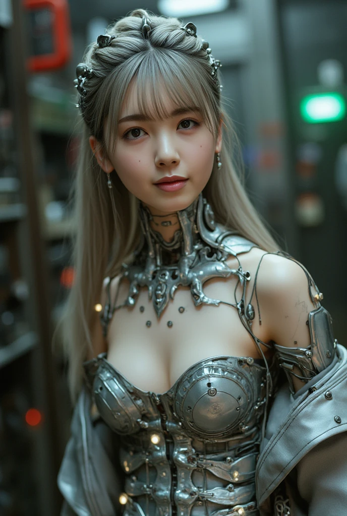 top-quality、​masterpiece、超A high resolution、(Photorealsitic:1.4)、Raw photo、女の子1人、Black hair、glowy skin、1 Mechanical Girl、((super realistic details))、portlate、globalillumination、Shadow、octan render、8K、ultrasharp、Colossal tits、Raw skin is exposed in cleavage、Black fiberglass body、Details of intricate ornaments of golden color、Gothloli details、steampunc、highly intricate detail、Realistic light、CGSoation Trends、a purple eye、radiant eyes、Facing the camera、neon details、Mechanical limbs、blood vessels connected to tubes、Mechanical vertebrae attached to the back、mechanical cervical attaching to neck、sitting on、Wires and cables connecting to the head、evangerion、Hydraulic cylinder、tubing、screw、Luminous tube、vacuum tubes、Small LED lamp、