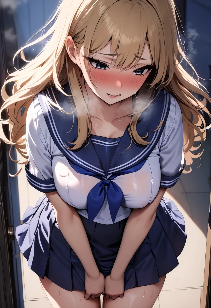 4k, high quality, god rays, beautiful, good lighting, sexy, big breasts, thick thighs, skirt, black skirt, school girl uniform, sailor uniform, school girl, anime school girl, rain, wet shirt, white shirt wet, wet shirt being see through, soaked and see through white shirt,, dark eyes, see through shirt showing nipples, areolas, mini skirt,cute eyes,in the nighttime,