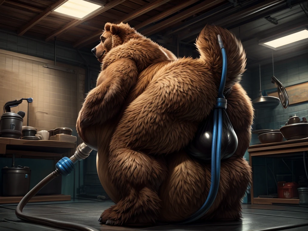 NSFW, Furry anthro Bear, big muscles, inflated belly with air hose in ass, laying on the floor playing with belly, huge bulge, background hoses in the room, huge belly, detailed fur, masterpiece, intricate rendered fur, horny, by Marlon cores
