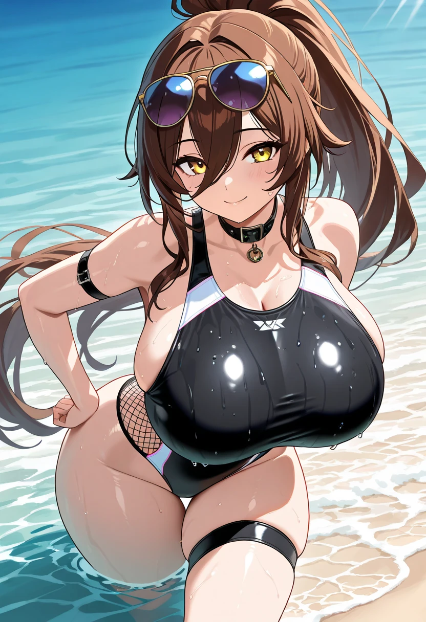 Make a girl with (((huge breasts))) and (((big butt))) in bikini