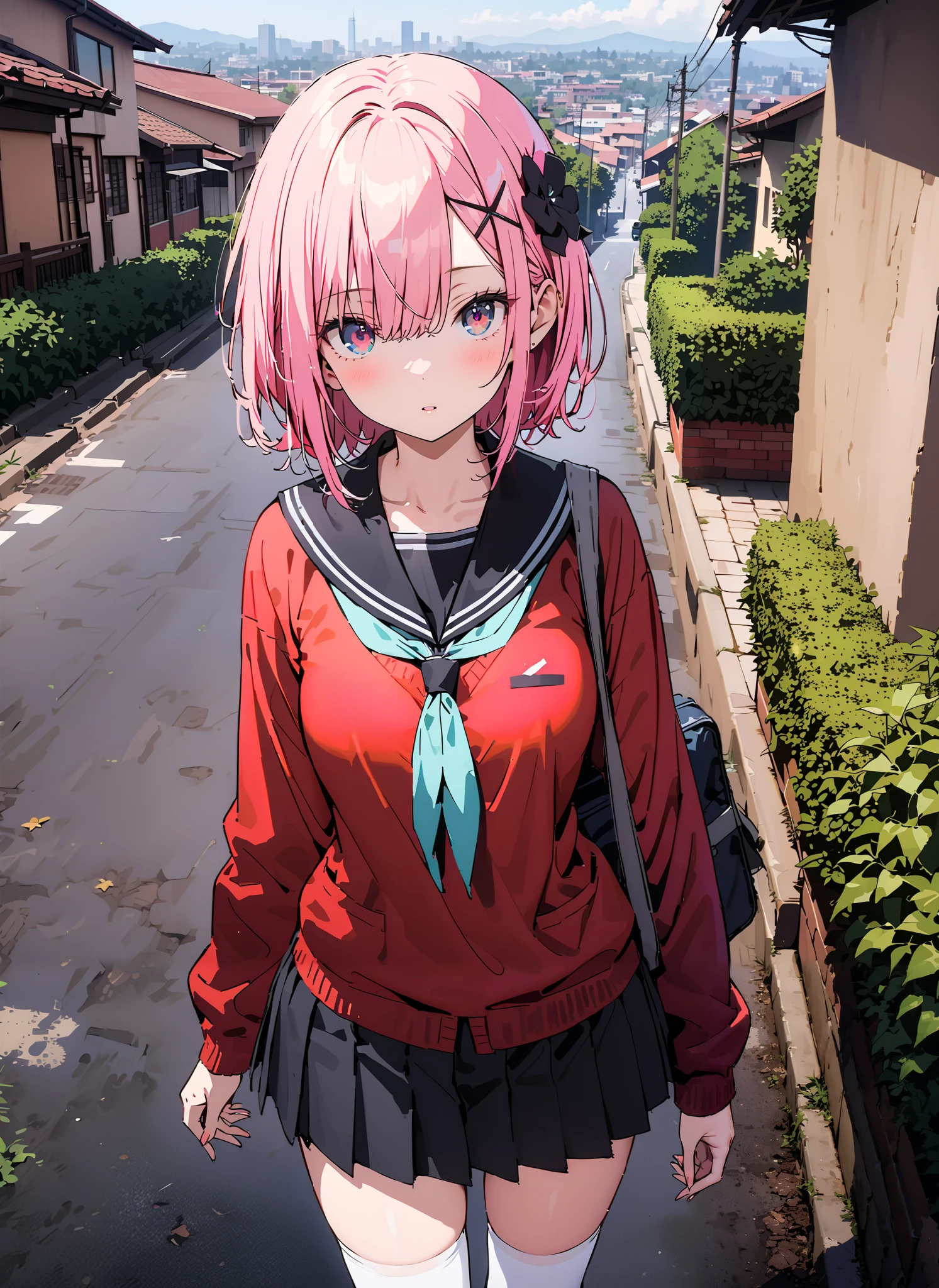 Ram, hair flower, hair ornaments close to the garden, hair that hangs over one eye, pink hair, red eyes, short hair, x hair ornaments close to the garden,Black sailor suit, red cardigan , Long Sleeve, black mini pleated skirt ,white thigh high socks,loafers,School bag,Walking,morning,Beautiful cityscape,full bodyがイラストに入るように,break outdoors, residential area,
break looking at viewer,full body,
break (masterpiece:1.2),Best Quality , kampala, Unity 8K Wallpaper ,(shape:0.8),( fine, beautiful eyes :1.6),It's a person ,full body写真,CG Details , (perfect hands, complete anatomy),,