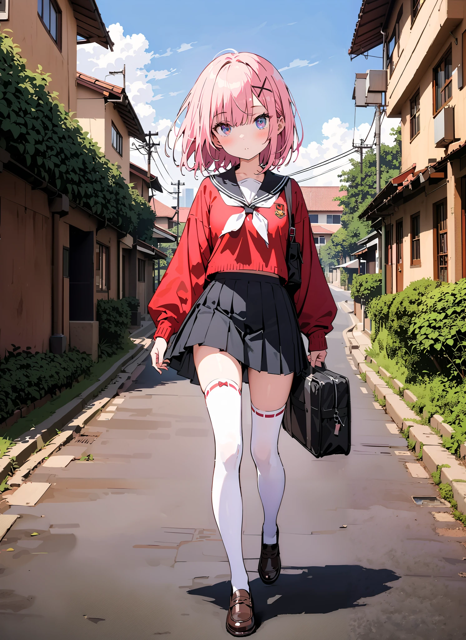 Ram, hair flower, hair ornaments close to the garden, hair that hangs over one eye, pink hair, red eyes, short hair, x hair ornaments close to the garden,Black sailor suit, red cardigan , Long Sleeve, black mini pleated skirt ,white thigh high socks,loafers,School bag,Walking,morning,Beautiful cityscape,full bodyがイラストに入るように,break outdoors, residential area,
break looking at viewer,full body,
break (masterpiece:1.2),Best Quality , kampala, Unity 8K Wallpaper ,(shape:0.8),( fine, beautiful eyes :1.6),It's a person ,full body写真,CG Details , (perfect hands, complete anatomy),,