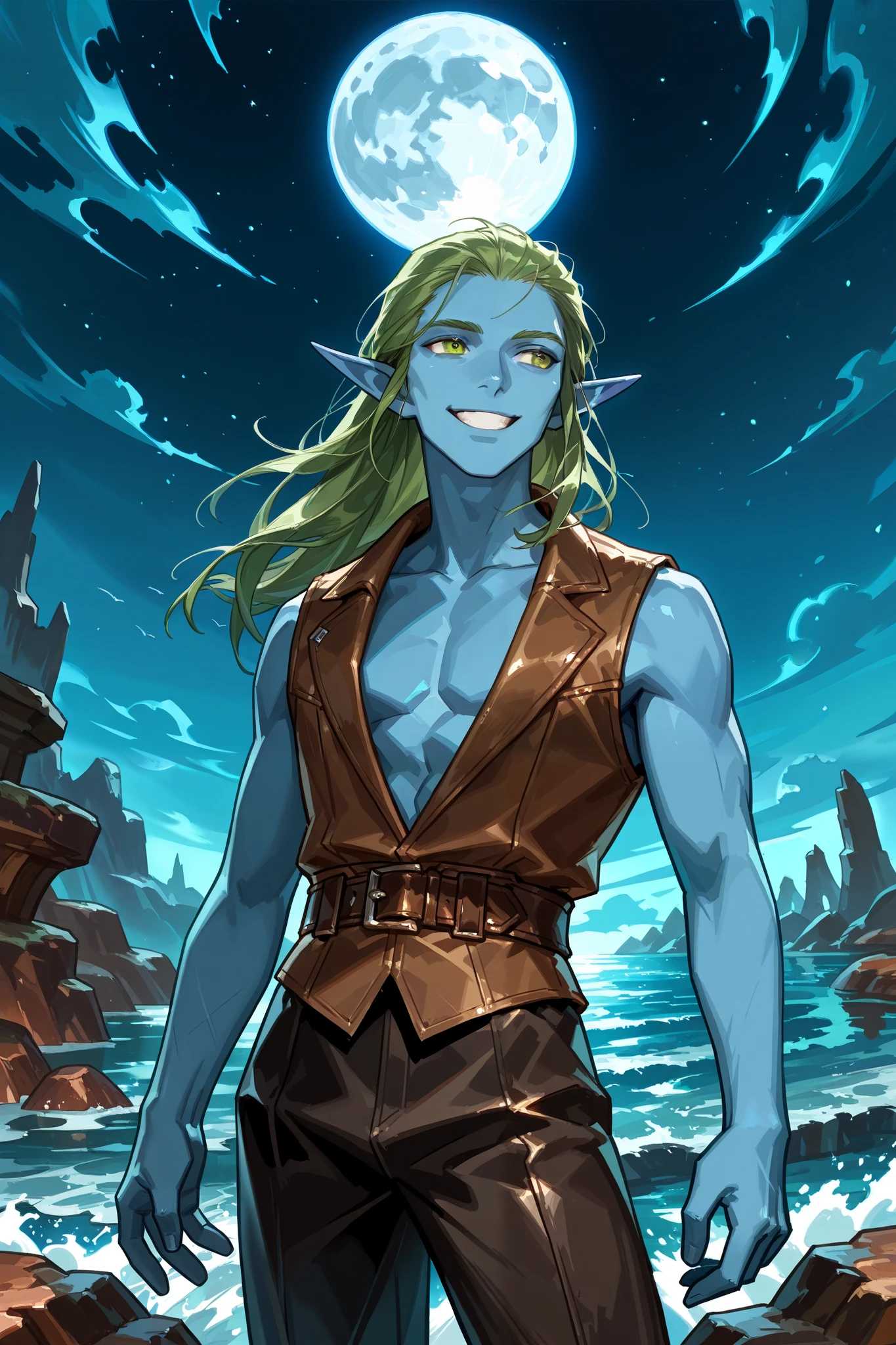 elf, solo, male, blue skin, pointed ears, green hair, bare chest, brown vest, black colonial trousers, leather belt, graceful, smiling, night scene, on a rocky shore, full moon in sky, dungeons and dragons, fantasy art, close up, npcp