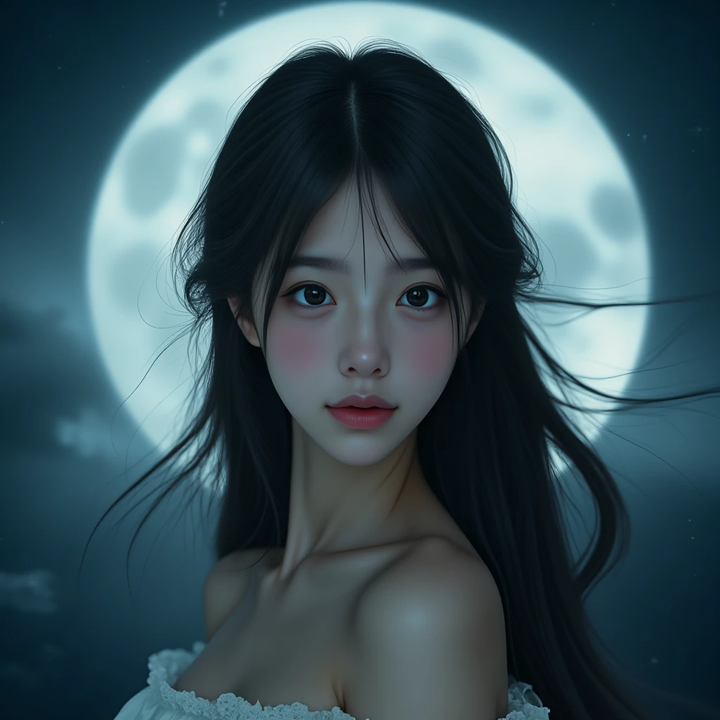 ((best quality: 0.8)), ((masterpiece)), (detailed), 1girl, beautiful face, long, brown, wavy hair, short black dress with long sleeves, black and gray striped socks, black boots , passionate lips, light blush, big breasts, beautiful red eyes, fair skin, skull tattoo, beautiful smile. knife in hand, (glowing eyes: 1.4), (blood face) horror, scary folders, blood moon background