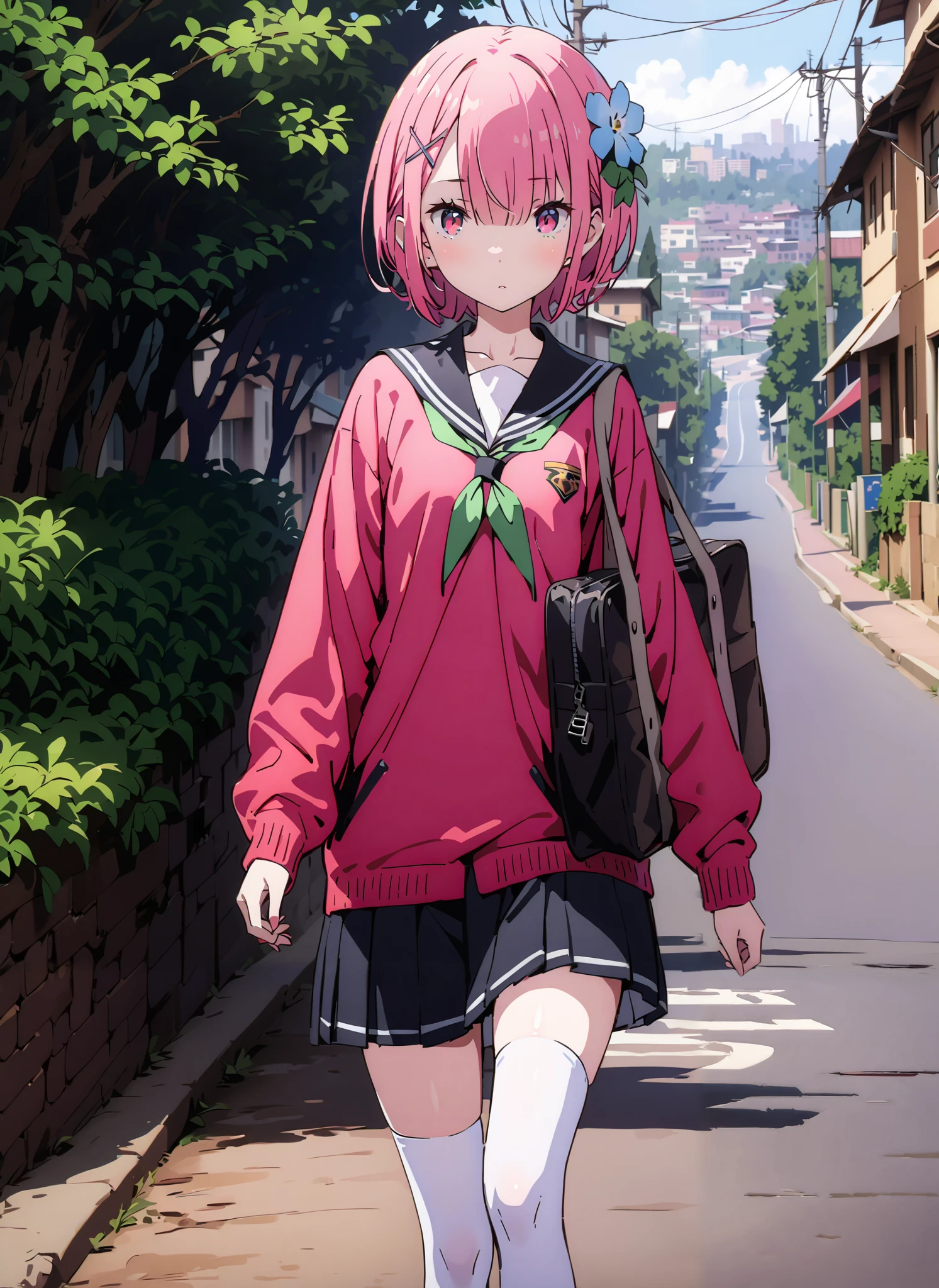 Ram, hair flower, hair ornaments close to the garden, hair that hangs over one eye, pink hair, red eyes, short hair, x hair ornaments close to the garden,Black sailor suit, red cardigan , Long Sleeve, black mini pleated skirt ,white thigh high socks,loafers,School bag,Walking,morning,Beautiful cityscape,full bodyがイラストに入るように,break outdoors, residential area,
break looking at viewer,full body,
break (masterpiece:1.2),Best Quality , kampala, Unity 8K Wallpaper ,(shape:0.8),( fine, beautiful eyes :1.6),It's a person ,full body写真,CG Details , (perfect hands, complete anatomy),,