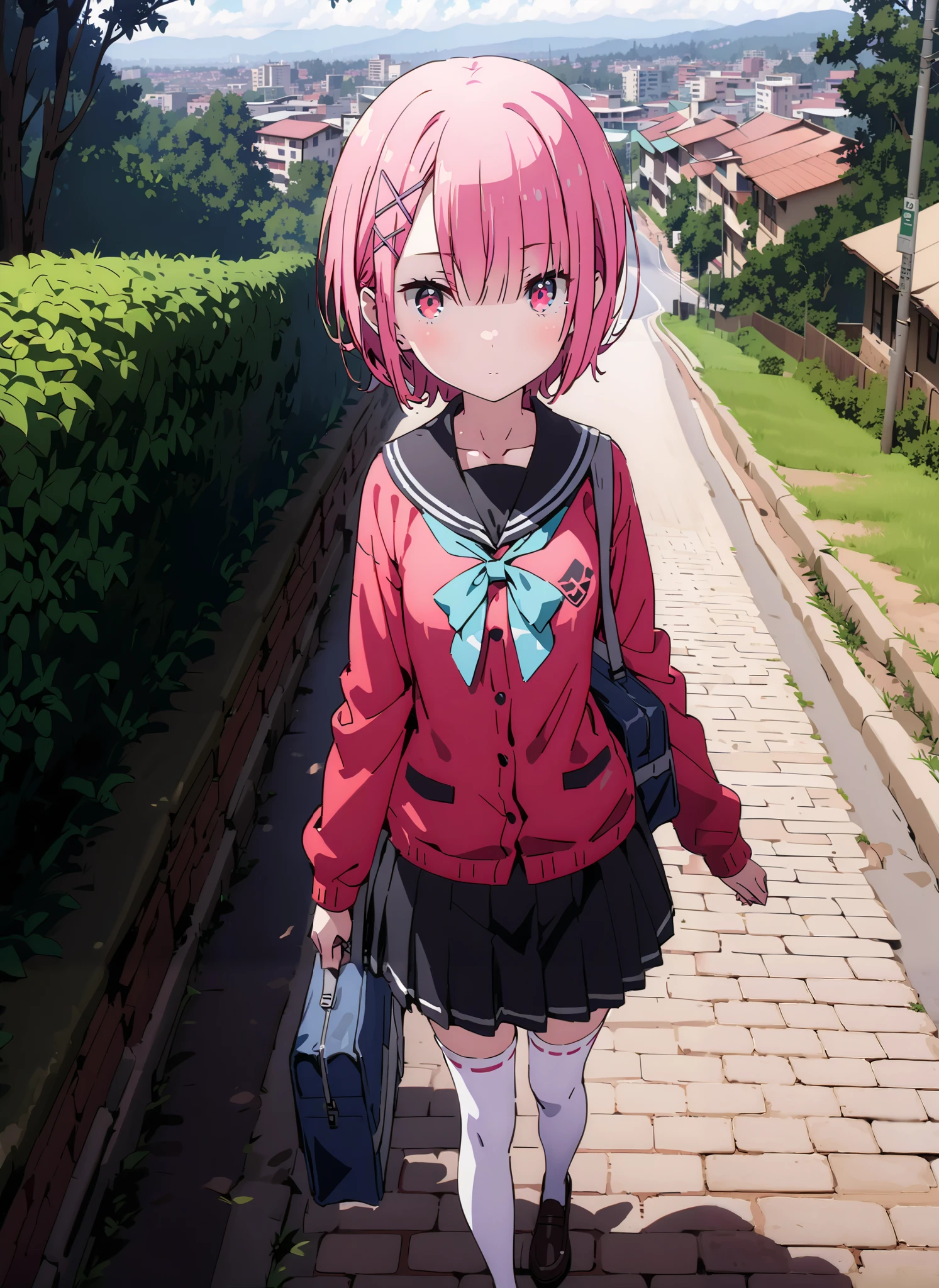 Ram, hair flower, hair ornaments close to the garden, hair that hangs over one eye, pink hair, red eyes, short hair, x hair ornaments close to the garden,Black sailor suit, red cardigan , Long Sleeve, black mini pleated skirt ,white thigh high socks,loafers,School bag,Walking,morning,Beautiful cityscape,full bodyがイラストに入るように,break outdoors, residential area,
break looking at viewer,full body,
break (masterpiece:1.2),Best Quality , kampala, Unity 8K Wallpaper ,(shape:0.8),( fine, beautiful eyes :1.6),It's a person ,full body写真,CG Details , (perfect hands, complete anatomy),,