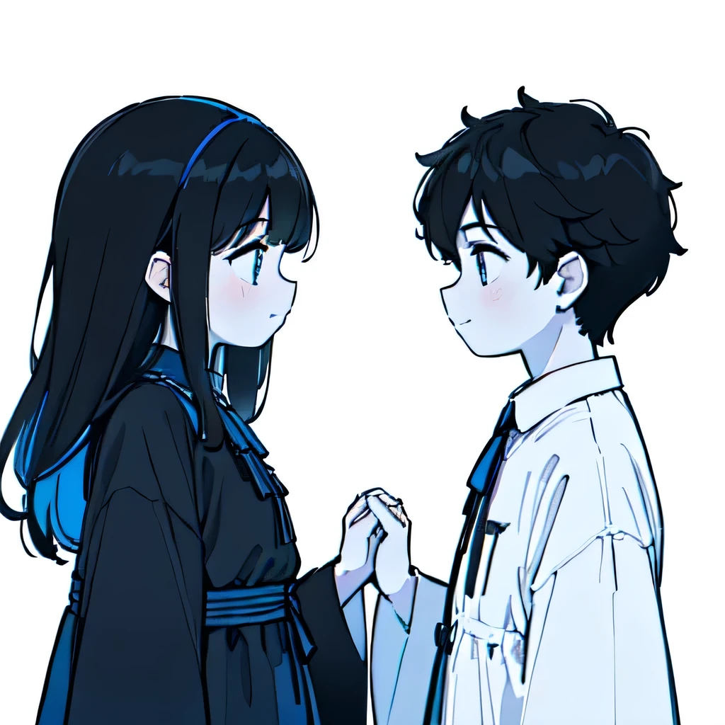 Highest quality,(Illustration of a girl and boy facing each other:1.4), Brown Haired Girl, gentle smile, floral dress, Dark Haired Boy ,surprised expression,(Solid white background),side view,(Two people facing each other),(high contrast color scheme: blue, white, black:1.3),(Color Palette: Alice blue, pure white, jet black)