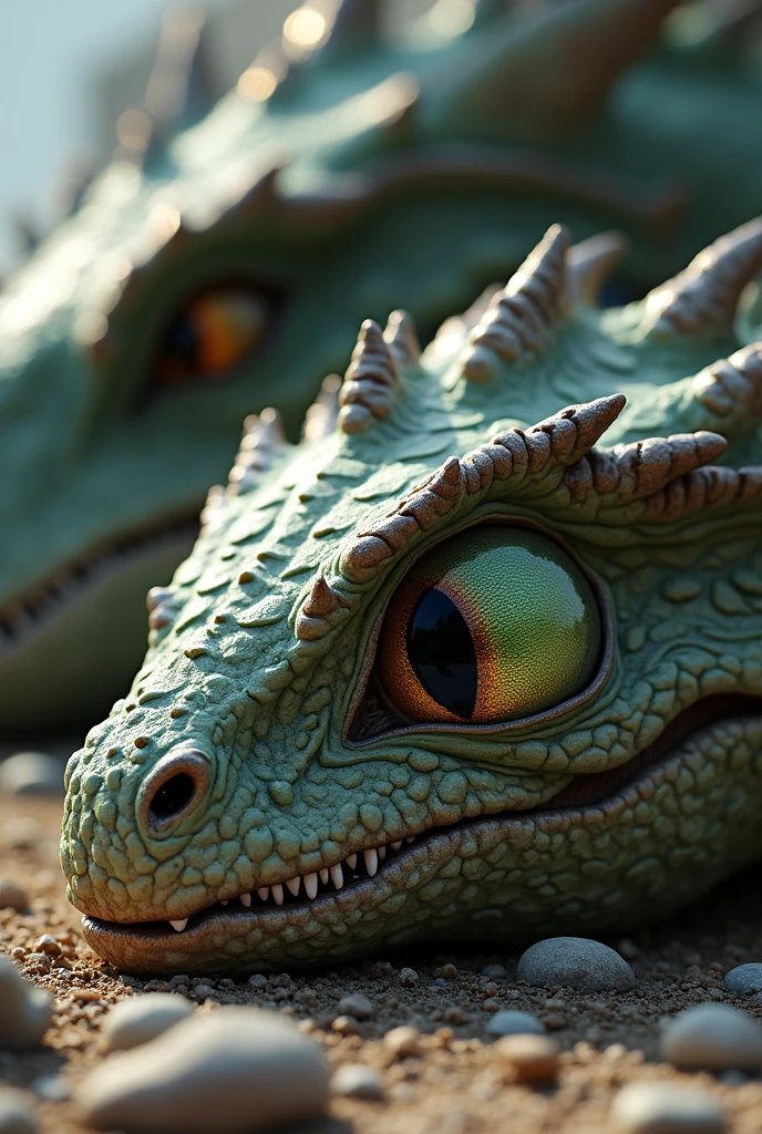 Two dead green hydra head,cut head,huge,sleep ,back fin,black blood,on floor, rock floor,pine forest
