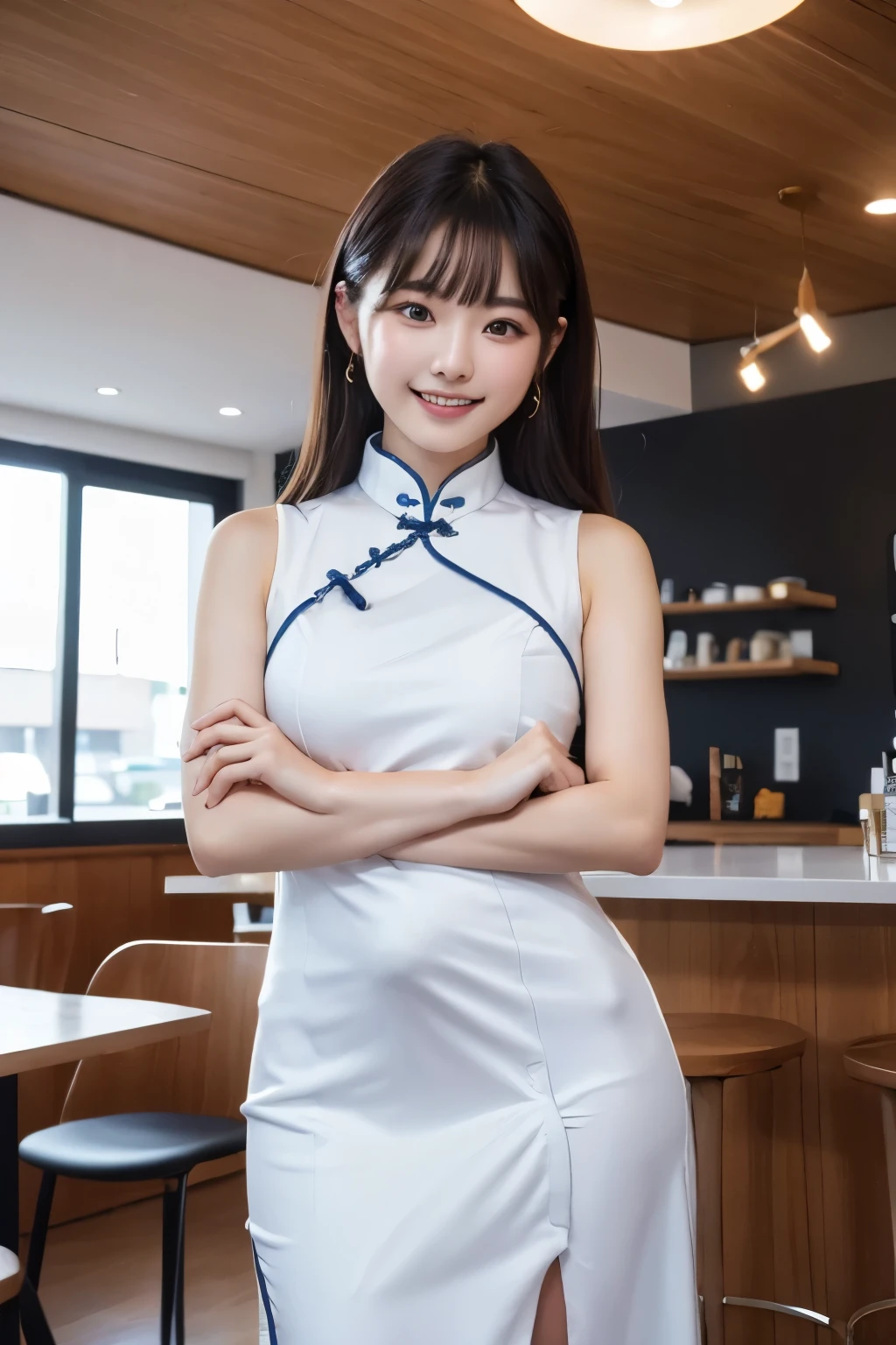 Delicate, Masterpiece, Beautiful Detail, Colorful, Fine Detail, Detail, Detail, Big Breasts, 1 Woman, (20 Year Old Beautiful Korean Woman: 1.1), (KPOP Idol, Korean Mix), (50mm Sigma f/1.4 ZEISS Lens, F1.4, 1/800s, ISO 100, Photo: 1.1), (Ponytail + Blonde: 1.2), Realistic: 1.4), (Spy: 1.2), (dark blue open jacket, shirt, skirt, tie, black pantyhose, Christian Louboutin \ (brand\): 1.3), earrings, necklace, armlets, (tavern: 1.2), (beautiful legs, tall woman, skinny, slim legs, thigh gap, model: 1.2), lens flare, happy smile from the front: 1.1), Dynamic pose, (make: 1.2), sitting on bar stools, Nogizaka idol, Korean idol, actress, gravure idol, armpit, arms crossed, android