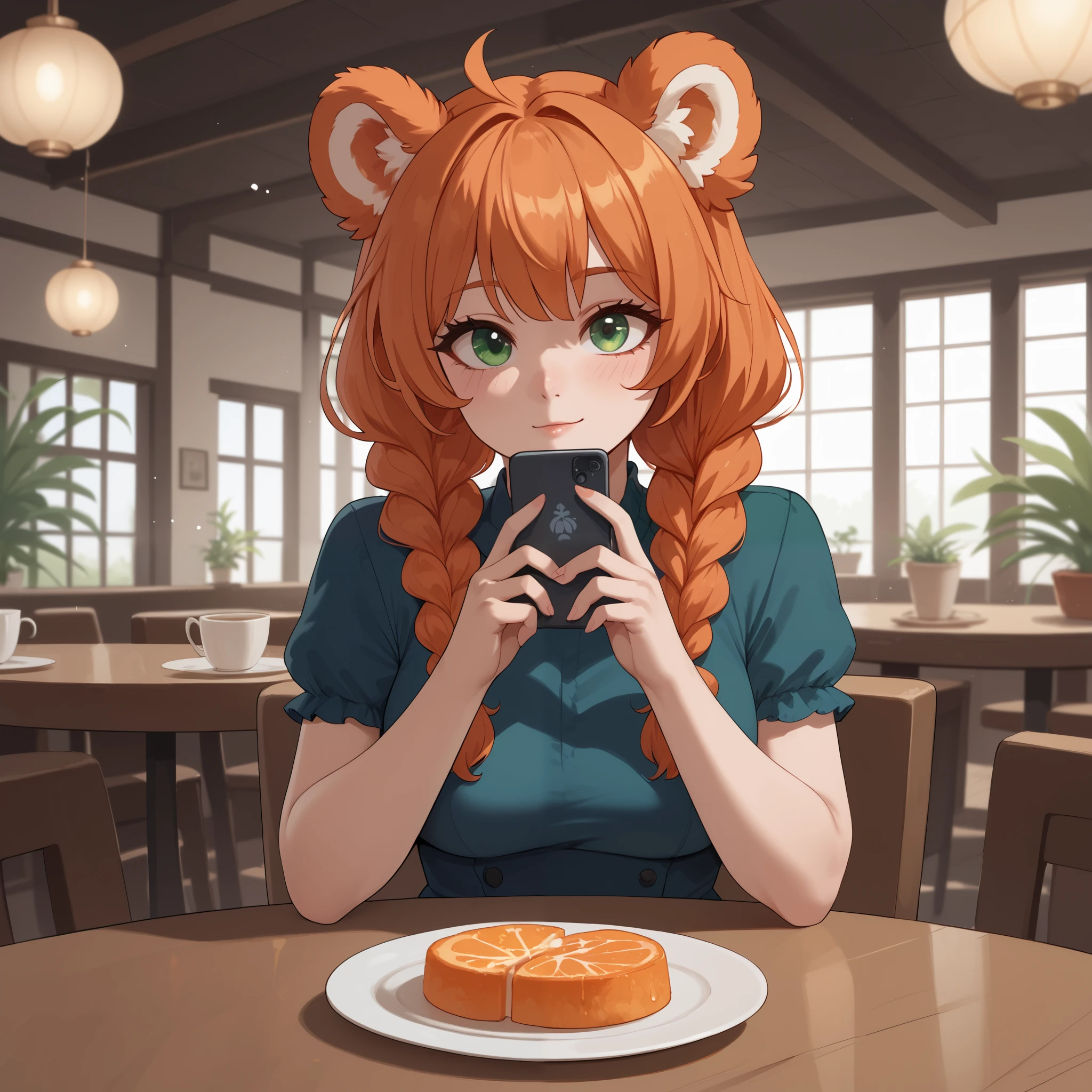 (Masterpiece) (High Detail) (High Res) A short curvy slim Humanoid red_panda Female with tanned human skin and bright green eyes and long braided orange hair and fluffy orange red_panda ears and a long fluffy red_panda tail and medium breasts. She is sat alone at a table in a restaurant. She is wearing a shiny sequin-covered navy dress and looks shy. The restaurant is decorated with plants. Plates. She is checking her phone.