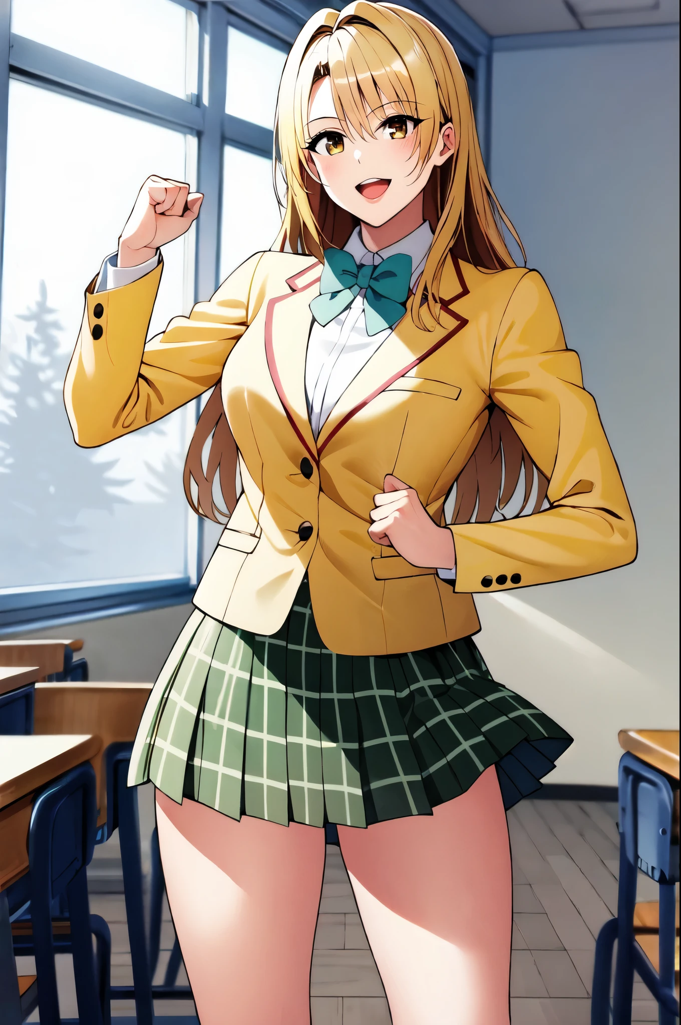 masterpiece, best quality, highres, 1girl, solo, long hair, blonde hair, brown eyes, school uniform, green bowtie, blazer, yellow jacket, long sleeves, plaid skirt, green skirt,thigh standing, cowboy shot, classroom, smile, rouge lips ,open mouth, raise up fist