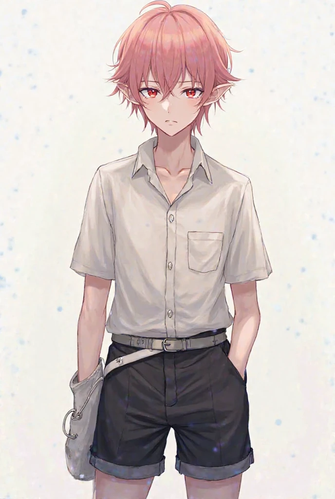 Masterpiece, best quality, 1man, pink hair, pink eyes, short hair, skinny, embarrassed, facing the viewer, small bulge in pants