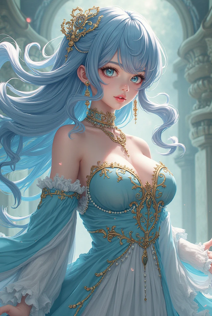 (by Greg Rutkowski: 1.2), (masterpiece), ((best quality)), extremely delicate and beautiful, illustration, highly detailed face and body. ((Beautiful bust of a royal lady, Sophisticated blonde hairstyle, blue eyes, Embellished with a dazzling array of intricate jewels, Crystal jewelry filigree, from final fantasy x)), HD. elegance. photorealism. Unreal engine. From Brian Froud and Carne Griffiths and Wadim Kashin and John William Waterhouse, 8K post-production, high resolution, hyperdetailed, depth of field, HDR, intricate