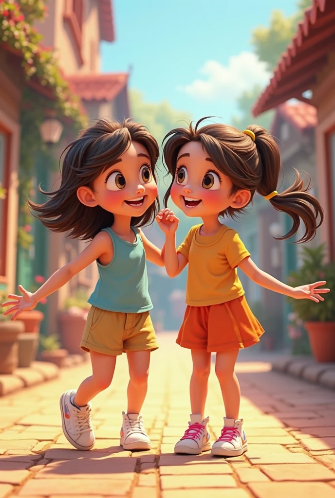 a humorous cartoon drawing, 2girls, cute girls, smiling,happy,laughing,colorful,vibrant colors,dynamic poses,intricate details,whimsical,quirky,playful,expressive,best quality,4k,8k,highres,masterpiece:1.2,ultra-detailed,realistic,photorealistic,photo-realistic:1.37,studio lighting,vivid colors,concept artist solo de dos colores 