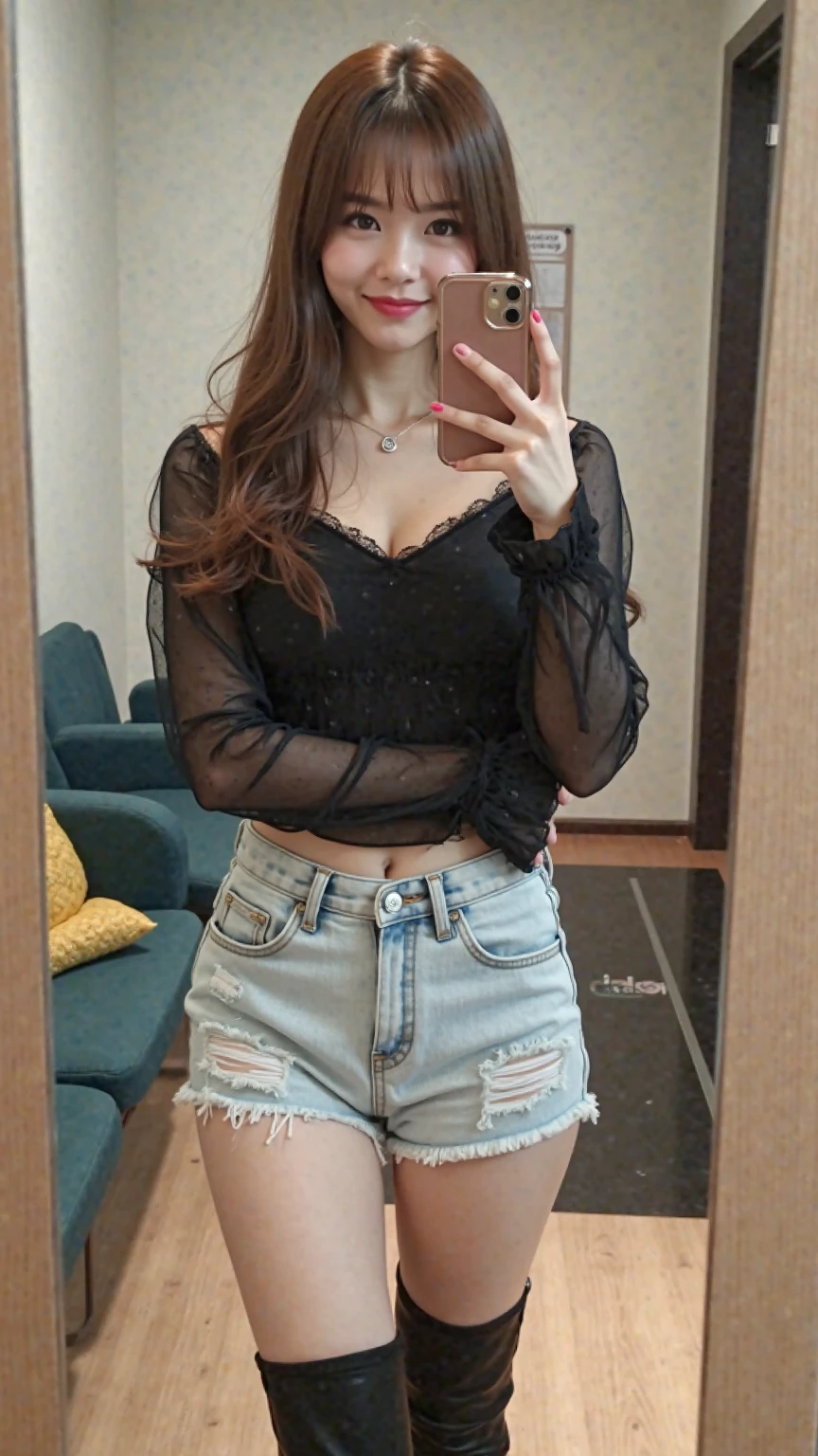 araffe woman in a black top and grey skirt posing for a picture, wearing a sexy cropped top, open v chest clothes, wearing tight simple clothes, Black top, Sexy style, mesh shirt, wearing a cropped top, wearing a crop top, very sexy outfit, wearing crop top and miniskirt, wearing a cropped top, Sexy look, Sexy outfit