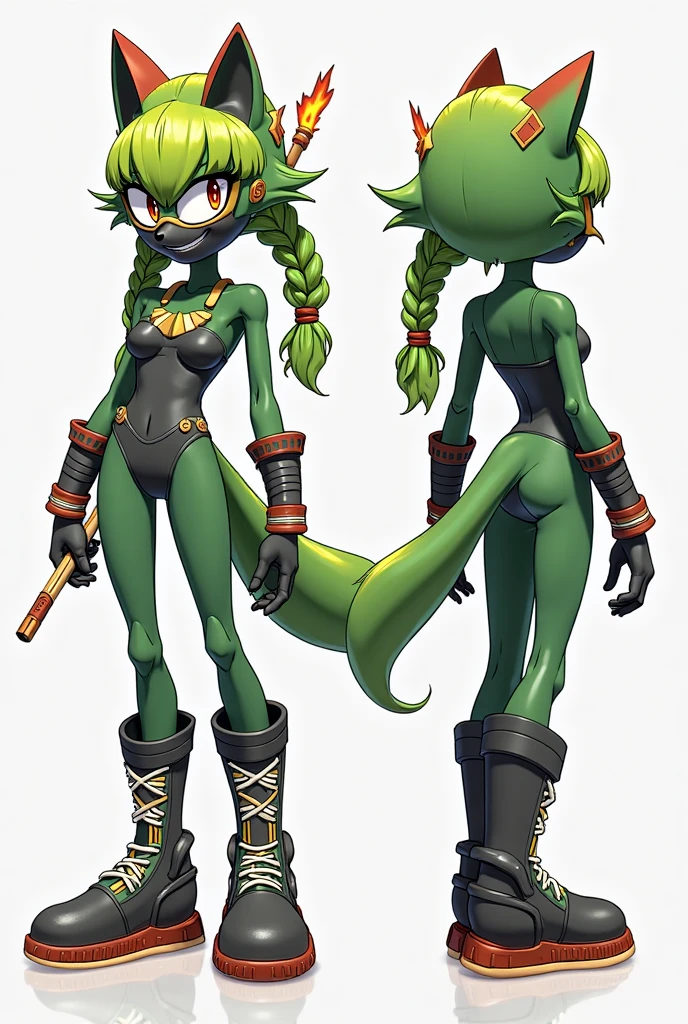 1 girl, small, goblin girl, female goblin, goblin, green skin, large ears, full body, Yoko Littner, (Yoko Littner clothes), hot pants