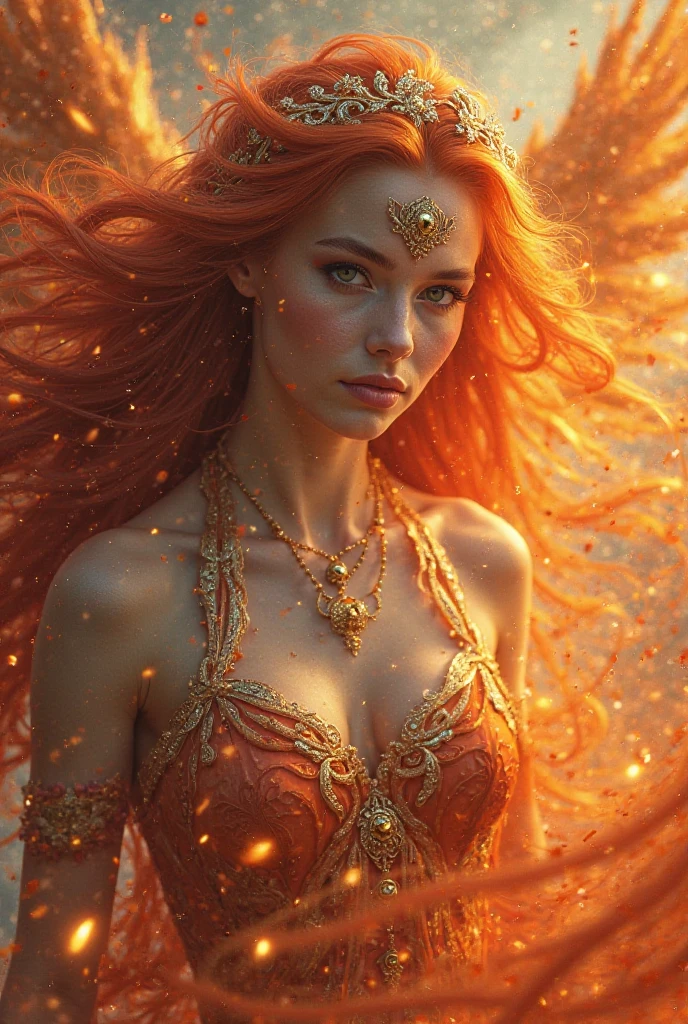 The most beautiful red haired girl big breasts in dress with mashup orange, yellow and red color on the dress, elegant dress, fire dress, dress with three colors, unique, magic dress, vibrant red hair and flame dress, dress with fire colors