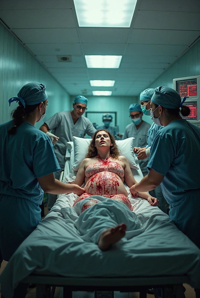 Sad character in the hospital ,Infusion、electro-cardiogram、A very beautiful and glamorous 3 white girl.、A black Gibson Les Paul with tattered, peeling paint leaning against the side of the bed.、very huge sagging bare Breasts,Very large, pendulous breasts、完璧なグラマラスな熟女のCompletely nakedプロポーション、Completely naked、centralized treatment room、exhausted look、A lot of medical equipment、天井から撮影したCompletely naked画像、A very artistic and surreal erotic world、Orange guitar amplifier、Doctor touching her breasts and groin with medical gloves、A very shameless doctor、