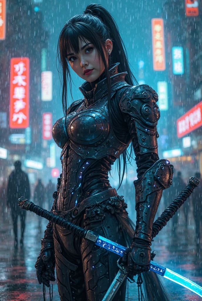 highest quality、Super fine、Realistic、A young and very beautiful woman、Beautiful detailed eyes、Beautiful detailed lips、cyberpunk、huge breasts、(Holographic kimono:1.4)、((Mecha、Armament、knife、Cyberpunk city girl:1.37))、neon、Street graffiti、Night view、Mysterious atmosphere、High-tech gadgets、Vibrant colors、 Glowing Effects、Urban decline、skyscraper、Bustling Crowd、Urban fashion、Sleek and futuristic design、Technological advances、Edgy hairstyles、Dark Alley、Electronic Music、Energy Beam、A strong and confident posture、Cool and confident look、詳細なMechaアーマー、Cowboy Shot、Samurai girl