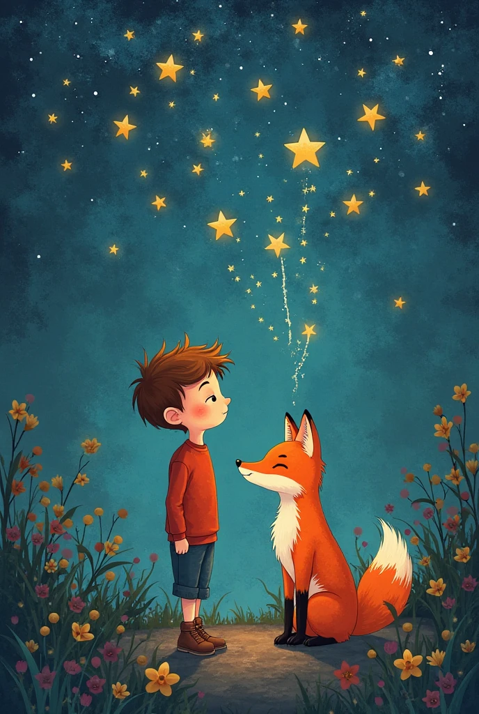 ((Without-text)), ((photo:1.2, best quality)), ultra detailed, ultra-precise representation, ultra-detailed representation, (tangle:1.2), ), (Abstract background:1.5), best quality,work of art,ultra-high resolution,(photorealistic:1.4)1 A wallpaper of two characters from book's-character-the-little-prince , the little prince and your friend the Imponente fox is elements to wallpaper to smartphone , they are sitting on the floor looking at thei dark and starry sky, (( from the book The Little Prince))) , Realistic fantasy realistic photography, official art,, they are looking up , wallpaper , looking at the sky, wallpaper , , 3 d digital realistic rm very high quality for Art from the book referred, 3d art cover