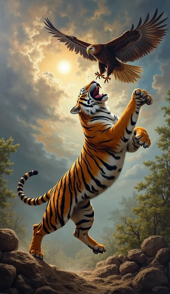 The tiger jumped and caught the flying eagle.