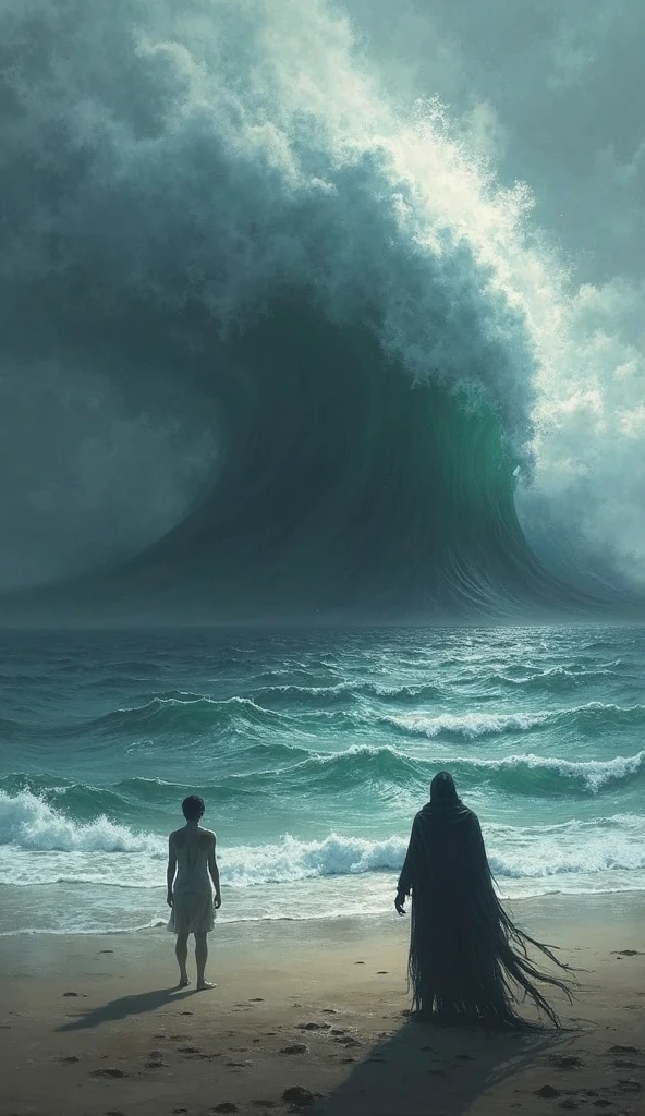 Typical drawing of a sea, but in the middle of it is a huge hole eating the normal lives of the people who's living near the sea such as fishermans, children playing in the sand and etc