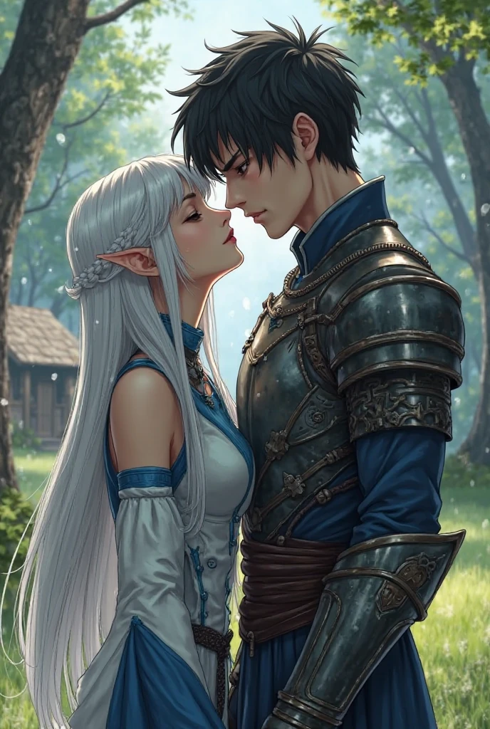Create an RPG-style image of a heterochromatic elf with white hair and black leather armor, seen from the front, has one green and one blue eye, carries a red ruby ​​amulet and runbi rings on her fingers, on her back is He holds a large sickle with silver decorations on its blade and iron handle, while on his waist are two small sickles attached together by a chain on their handles. She also appears to be carrying an adventure backpack. There is also a small magical object floating next to it which is a ruby ​​stone surrounded by 3 gold rings, emanating a soft red glow. The setting is a forest with fireflies and moonlight.