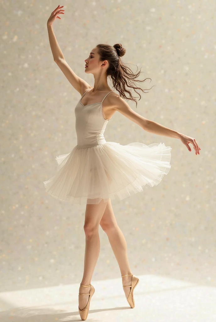 a beautiful girl in a graceful ballet pose, elegant ballet dancer, detailed face, beautiful eyes, delicate features, flowing ballet dress, ballet slippers, perfect ballet pose, dynamic movement, ethereal, peaceful, serene, soft lighting, pastel colors, impressionistic style, (best quality,4k,8k,highres,masterpiece:1.2),ultra-detailed,(realistic,photorealistic,photo-realistic:1.37)
