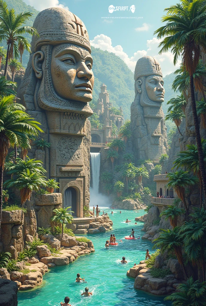 (thai woman),((highponytail)),(forehead),(bikini :1.5),(enormous breasts:1.5),(slim waist:1.3),big smile, (cowboy shot:1.4),8k, UHD,(desert:1.3),(oasis),(Huge stone statues in the background:1.4),